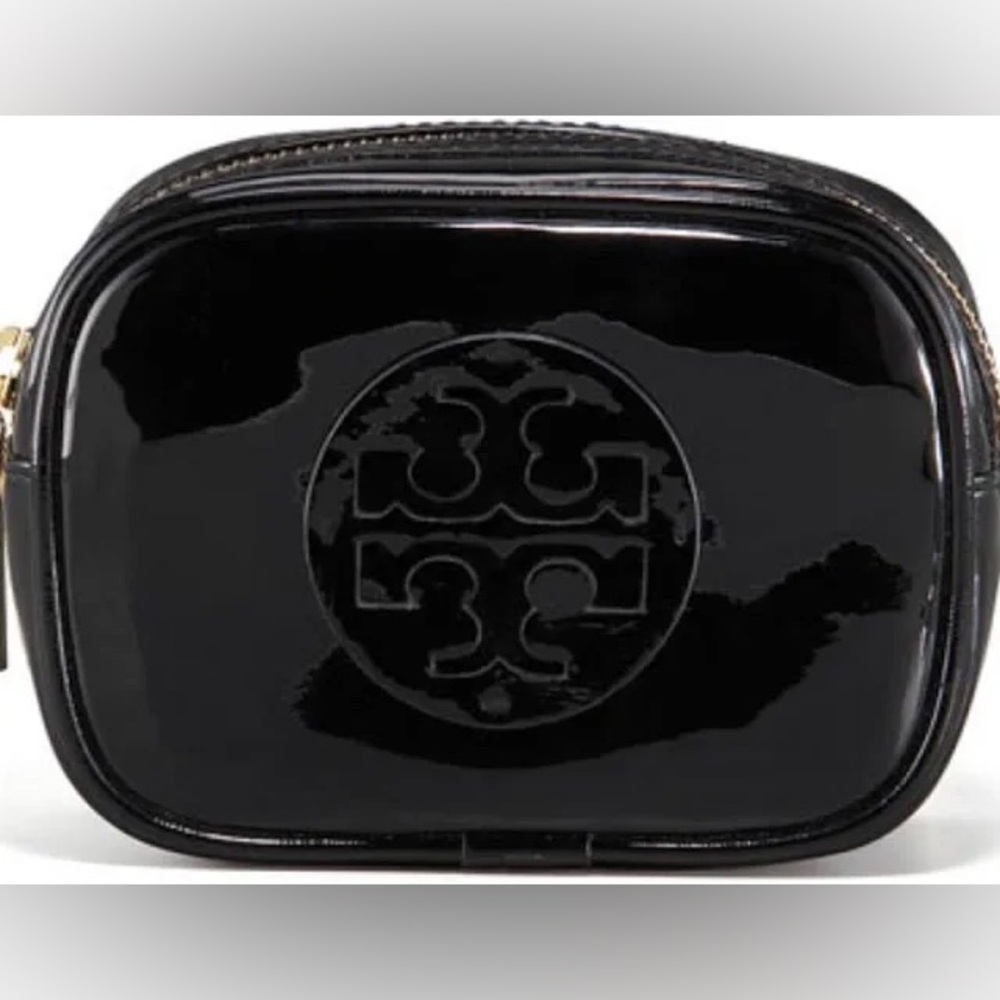 Tory Burch Black Patent Embossed Double T Logo Travel Pouch
